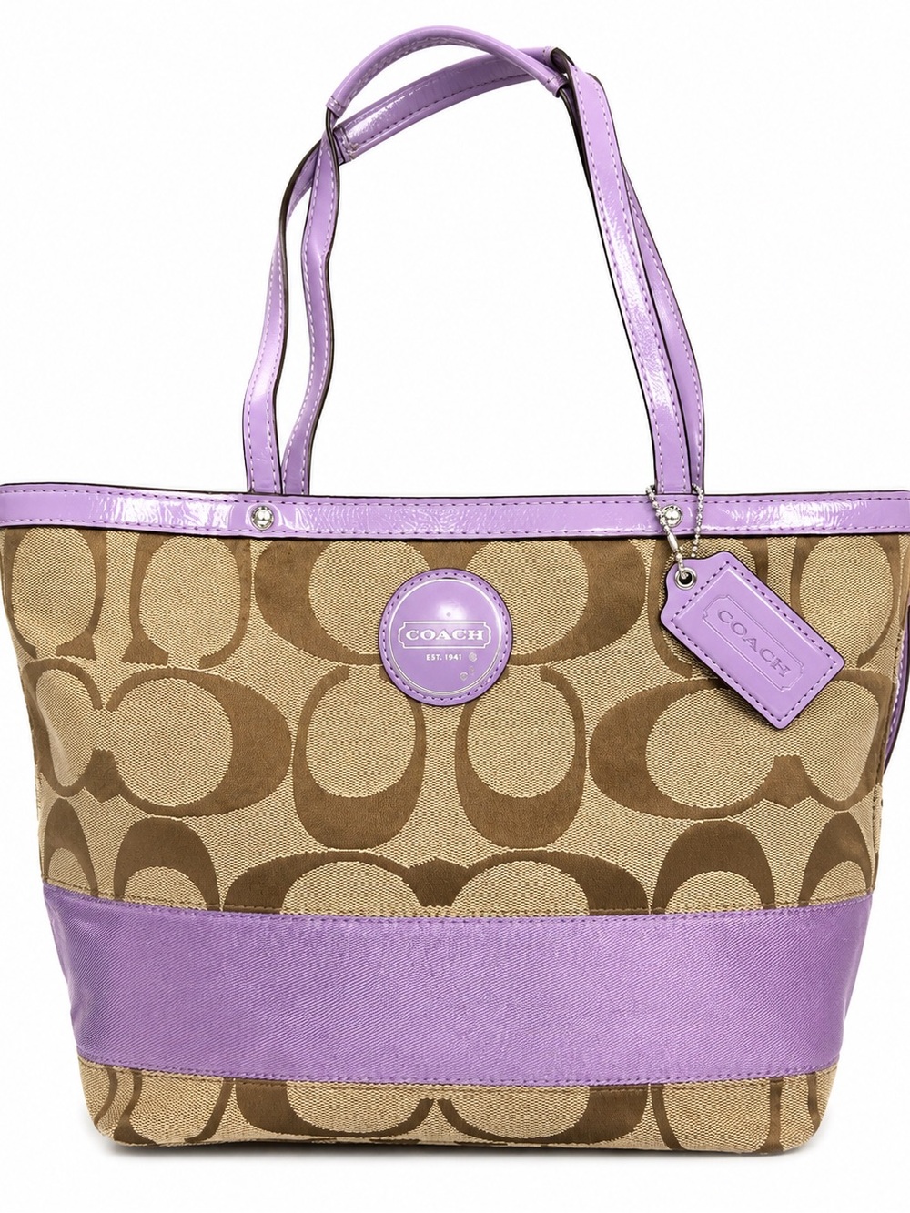 Coach Brown Signature Canvas Tote with Lavender Trim